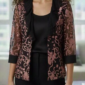 Alex Evenings Vintage Floral Evening Jacket  Black Pink Formal Floral 3/4 Sheer